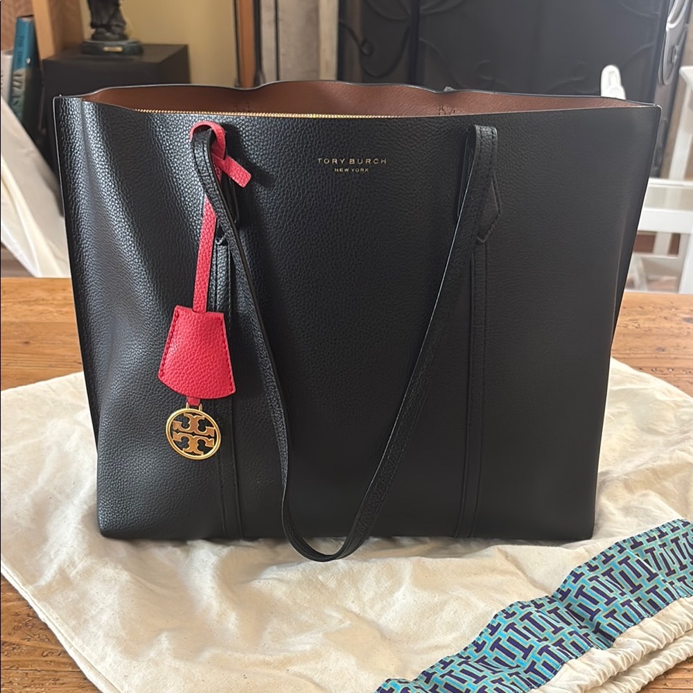 Tory Burch Black and Red Structured Tote
